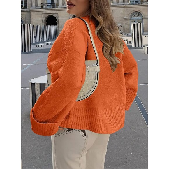 Women's Oversized Sweater Fuzzy Orange Long Sleeve Casual Chunky Pullover - Picture 8 of 8
